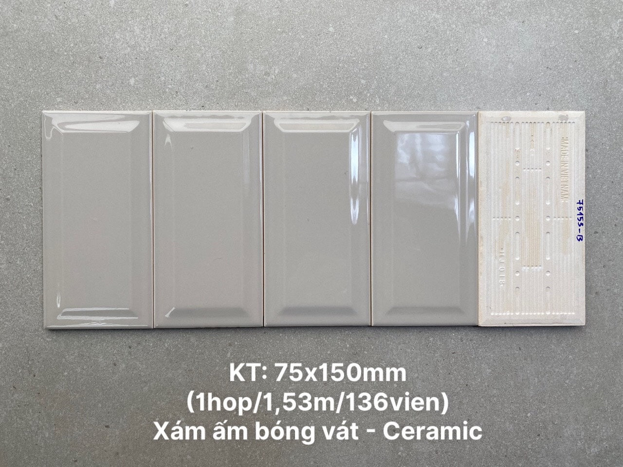 Gạch thẻ Việt Nam xám bóng KT 75x150mm mã loại 1  mã STA75153-B - Daisan Mart