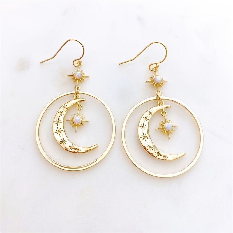[Moon Earrings] Golden-Tone Boho-Chic Moonstone Dangle Earrings for Women - Crescent Moon with Star Motifs, Zinc Alloy, Perfect for Daily Wear & Parties