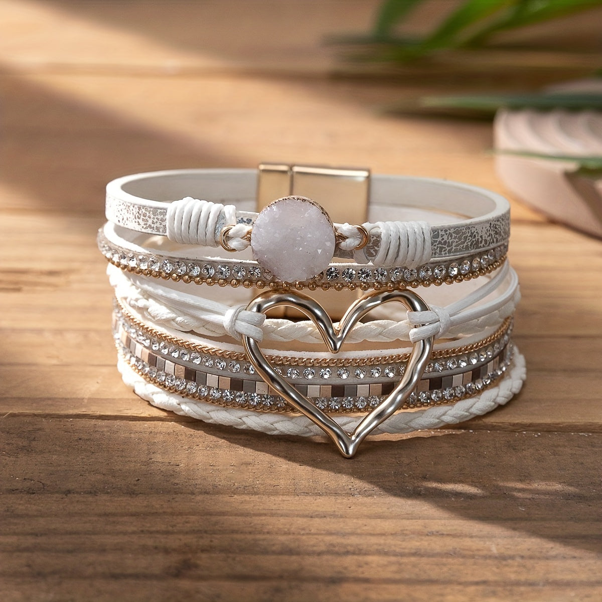 [Boho Chic Heart Bracelet] Boho Chic Multi-Layer PU Leather Magnetic Clasp Bracelet - Black Braided Design & Crystal Accents, Golden-Tone Metal Heart Pendant, Elegant Love Heart - Daisan Mart