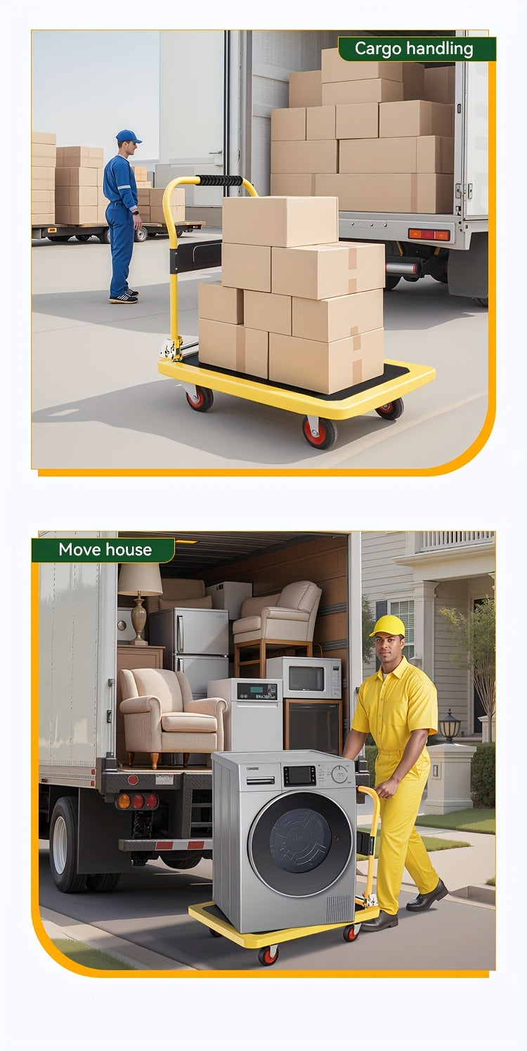 A Foldable Platform Hand Truck With High Load-bearing Capacity, Crafted From Carbon Steel, Features Two 360° Silent Swivel Wheels And Two Fixed Silent Wheels For Easy Transportation Of Boxes, Furniture, And Appliances. Ideal