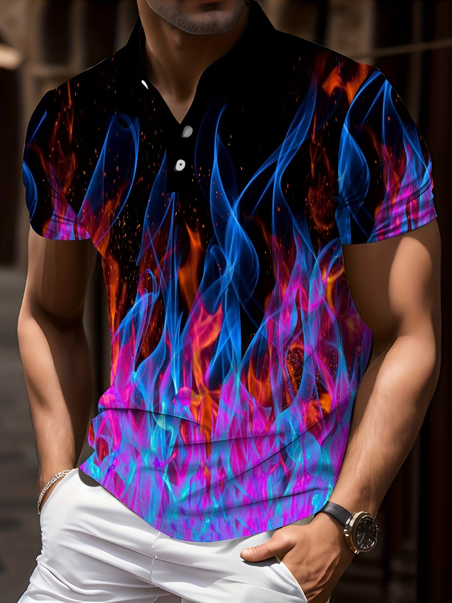 Big Size Golf Shirt 3D Printed Fire Pattern - Light Stretch, Breathable Fabric