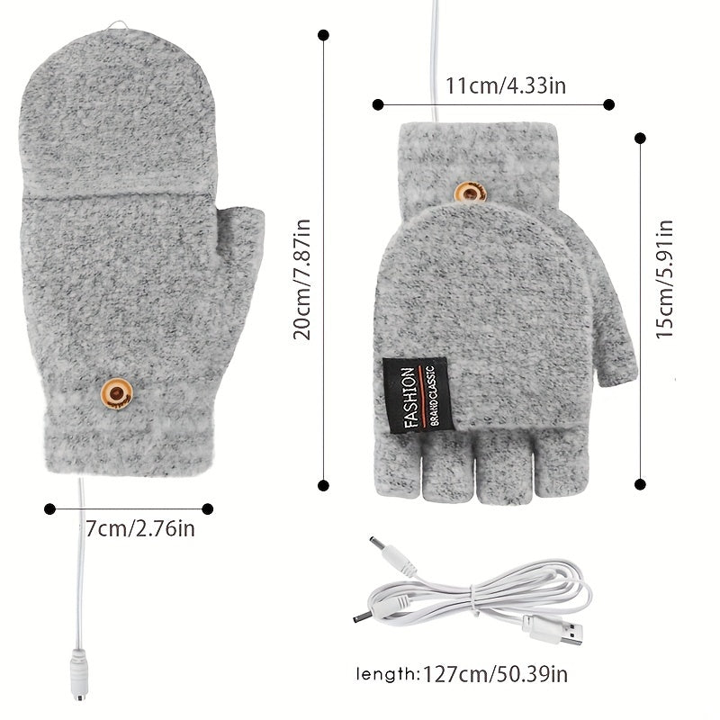 USB Interface Electronic Warmer, Male And Female Universal USB Heating Gloves Knitted Semi Heated Fingerless+Flip Heating Heater with Button Washable Design Gloves for Winter Hand Warmth Laptop Gloves, Without Battery