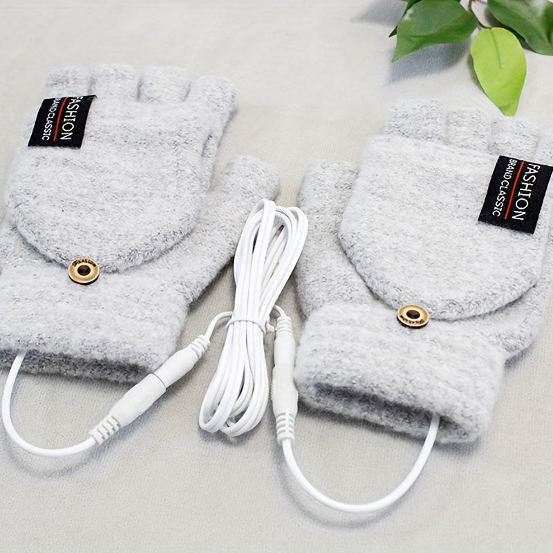 USB Interface Electronic Warmer, Male And Female Universal USB Heating Gloves Knitted Semi Heated Fingerless+Flip Heating Heater with Button Washable Design Gloves for Winter Hand Warmth Laptop Gloves, Without Battery
