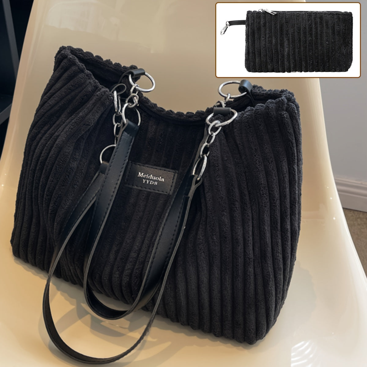 Perfect Lily Women's 2pcs Corduroy Tote & Handbag Set - Elegant Large Capacity Handbags with Zipper Closure, Fixed Strap & Polyester Lining, Beige/White/Green/Black, Versatile for Daily Commute, Work, Shopping - Durable Cordu - Daisan Mart