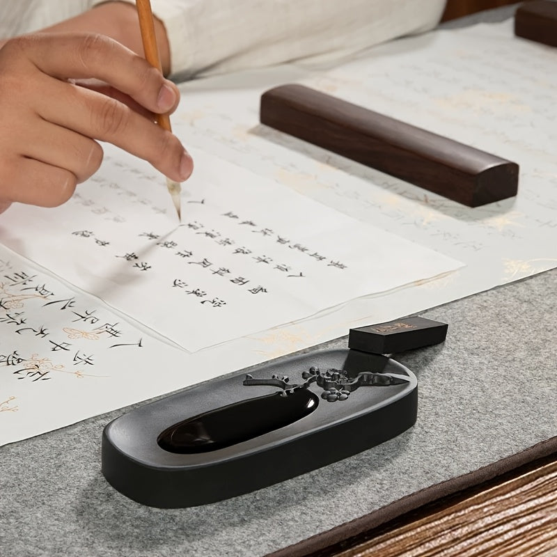 [Premium Inkstone] Premium Natural Stone Hand-Carved Plum Blossom Inkstone | Traditional Chinese Design, Smooth Writing Surface, Perfect for Calligraphy and Art Supplies, Shaoxing Stone with Ink Pool - Daisan Mart