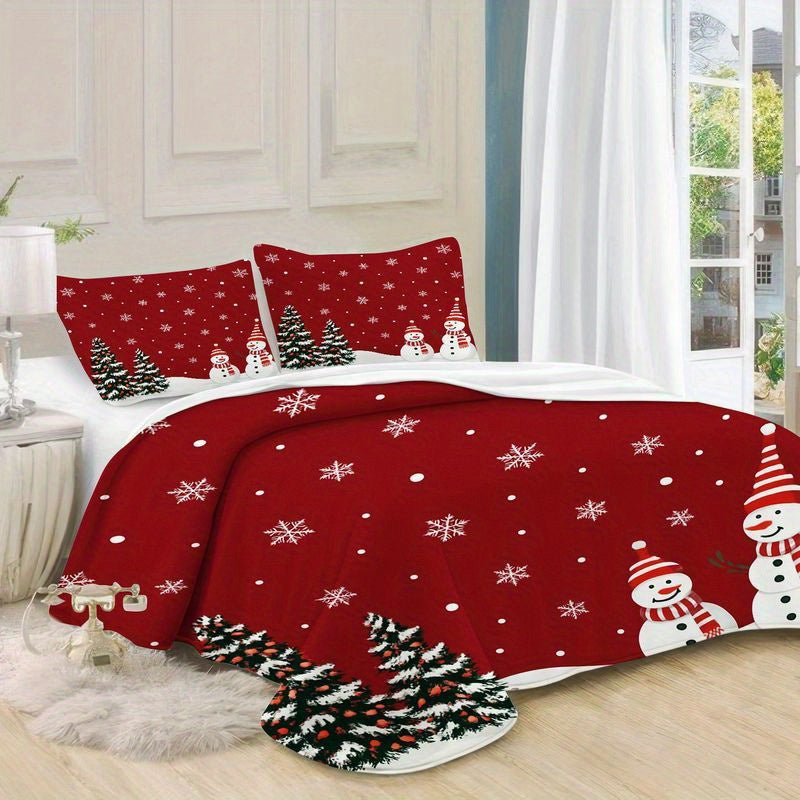 3pcs Christmas Bedding Snowman Pine Tree Pattern, Winter Holiday Red Duvet Cover, Festive Snowflake Design, Comfortable Home Bedroom Guest Room Supplies, Soft Microfiber Fabric, (1 + 2 Pillow Covers) - Daisan Mart