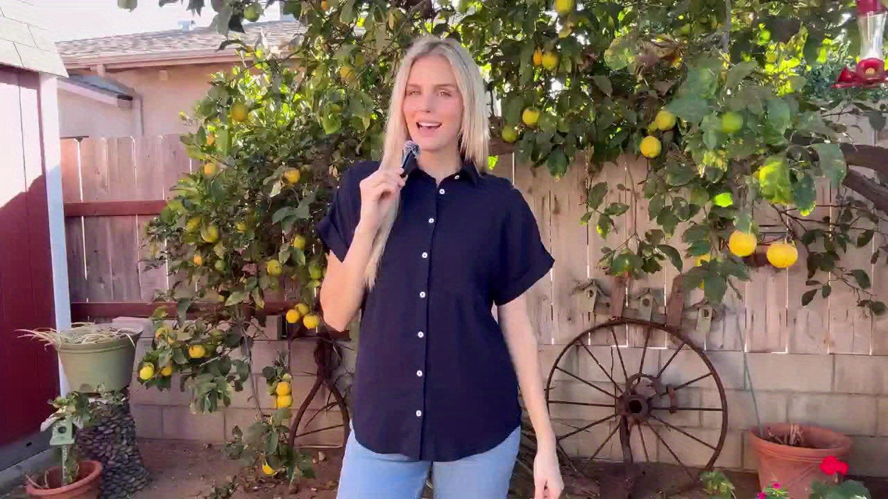 [Casual Shirt] Casual Summer Women's Short Sleeve V-Neck Button-Up Shirt with Pockets - Light Gray | Vacation Clothing, Glossy Texture - Daisan Mart