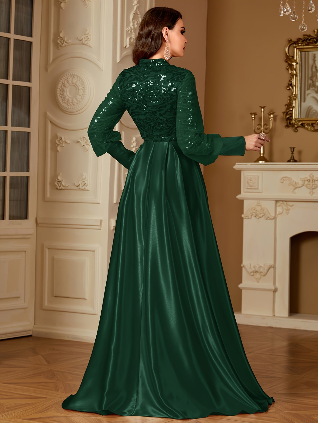 XUIBOL Women's Elegant Long Sleeve Satin Evening Gown - Waist-Cinching Slim Fit A-Line Dress with Sparkling Pearl & Sequin Embellishments, Round Neck Floor-Length Formal Party Dress for Weddings & Galas - Daisan Mart