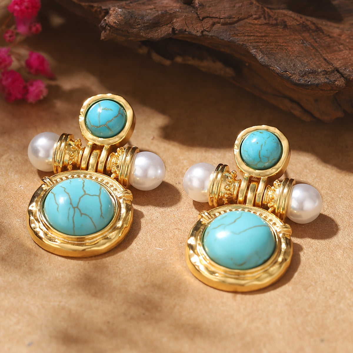 A Pair of Vintage-Style Earrings Featuring Copper Plated with Real Golden And 925 Silver Pins, Inlaid with Turquoise And Pearls, Perfect for Women As Accessories for Dates Or Parties.