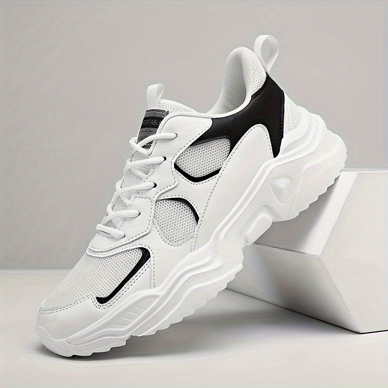 [Breathable Sneakers] Chunky Breathable Mesh Sneakers | Men's White &amp; Teal Casual Sneakers with EVA Sole, Lace-Up Design for All Seasons