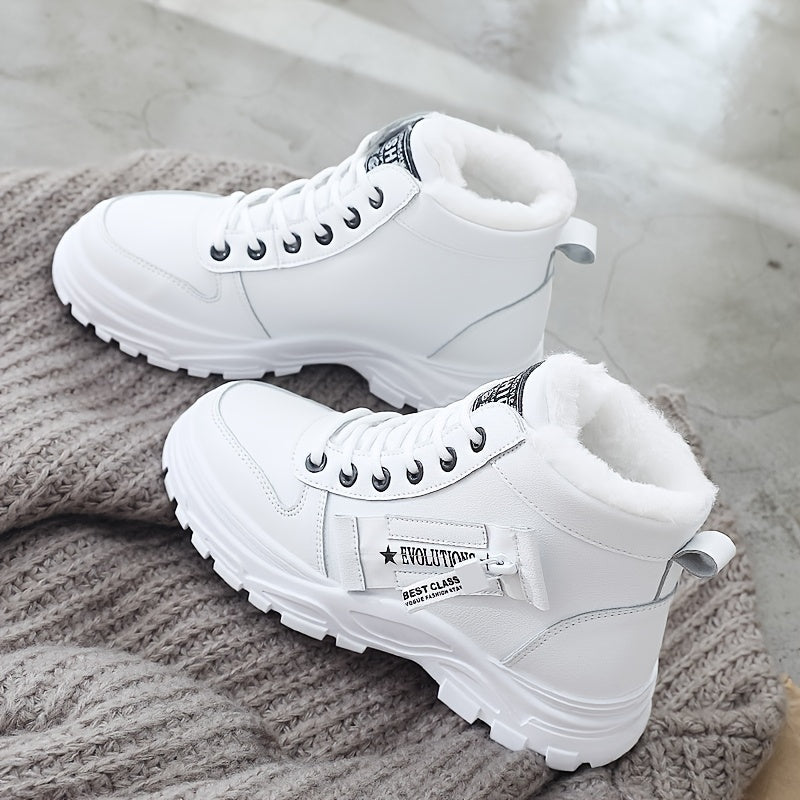 [Warm Fleece-Lined Winter Boots] Warm Fleece-Lined Women's Winter High-Top Boots - Thick Rubber Sole, Lace-Up Casual Style, White & Beige, Perfect for Cold Weather Comfort - Daisan Mart