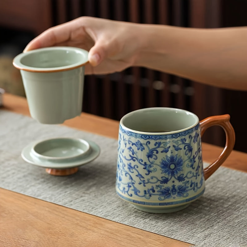 藍白汝家茶杯附蓋 - 花卉咖啡杯，手工製作，傳統中式設計，適合家庭和辦公室使用，僅限手洗，咖啡杯