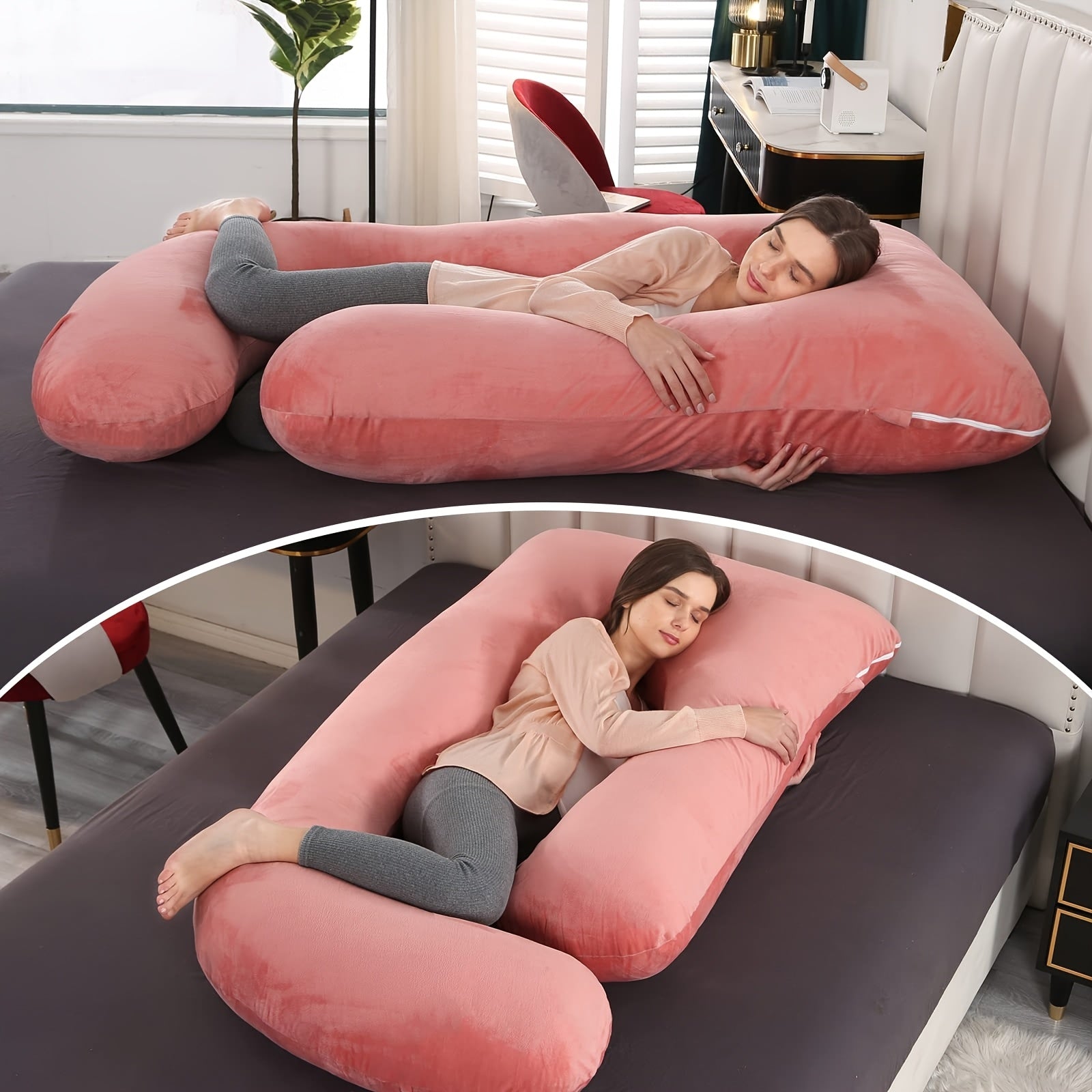 69/60 Inch J-Shape Maternity Full Body Pregnancy Pillow - Ergonomic Back &amp; Leg Support with Removable Velvet Cover, Machine Washable, More Filling, Durable Fabric for Side/Back Sleepers, Ideal for Women'S Sleep Aid &amp; Home Dec