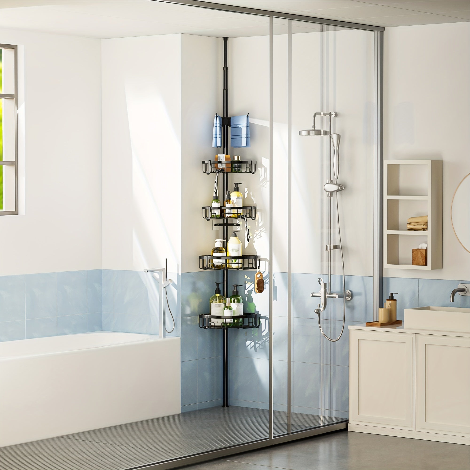 4-Tier Adjustable Corner Shower Caddy with Rust-Resistant Stainless Steel Pole &amp; Tension Control - Heavy-Duty Black Bathroom Organizer with Multi-Tier Shelves, Space-Saving Vertical Storage for Shower, Bathtub, or Sink Area -