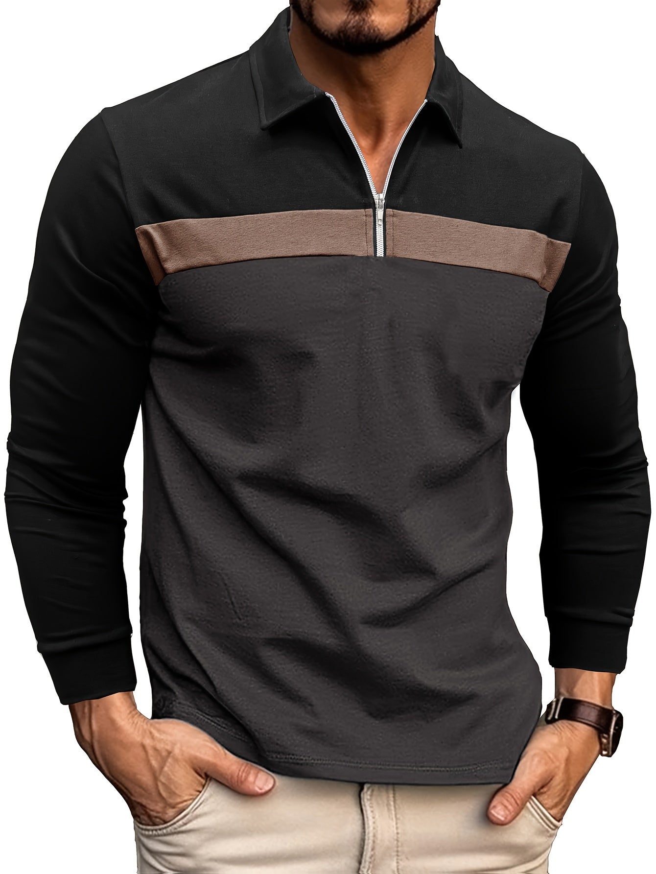 Men's Solid Color Stretchy Zipper Long Sleeve Shirt