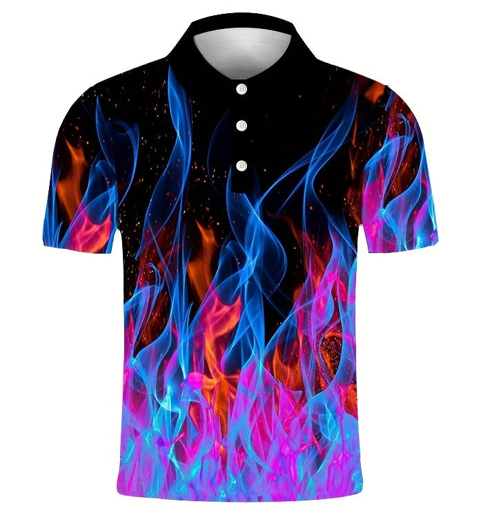 Big Size Golf Shirt 3D Printed Fire Pattern - Light Stretch, Breathable Fabric