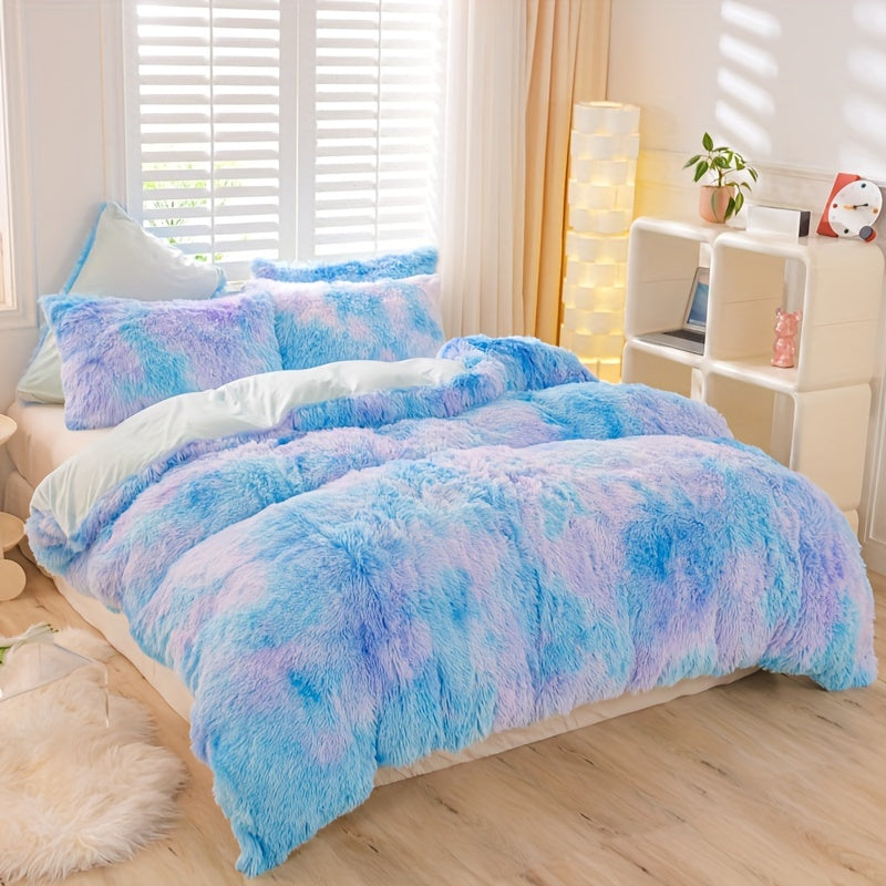 3pcs Y2K Tie Dye Plush Duvet Cover Set ( 1 Duvet Cover + 2 Pillowcase), Soft &amp; Warm Bedding Set