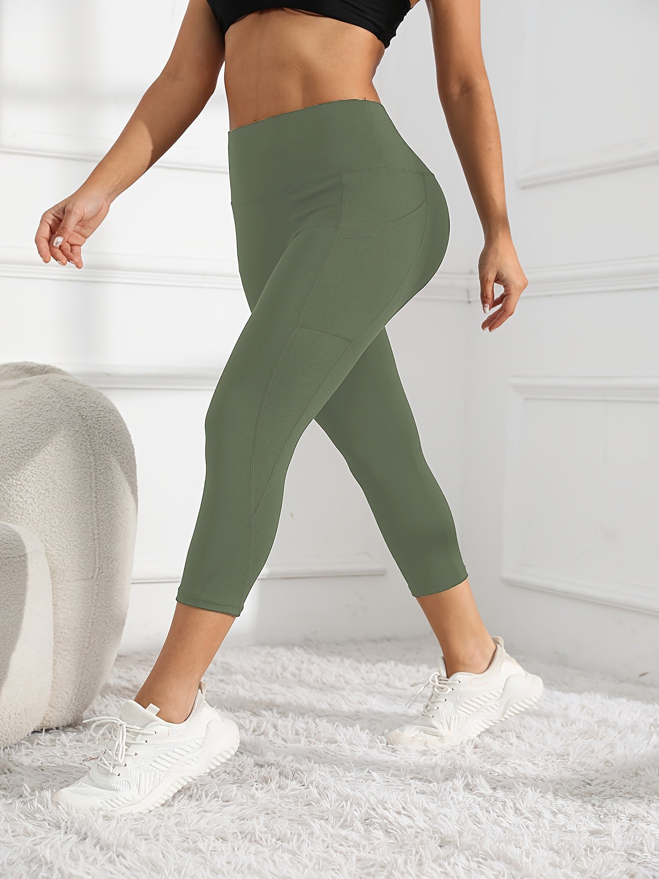 Women's High-Waisted 7/8 Length Leg Workout Leggings - Full-Length Leg Muscle-Building Gym Pants with Pockets, Solid Green Yoga Pants for Cycling, Pilates, Training | All-Season Fitness Pants with 7/8th Leg Coverage, Smooth T