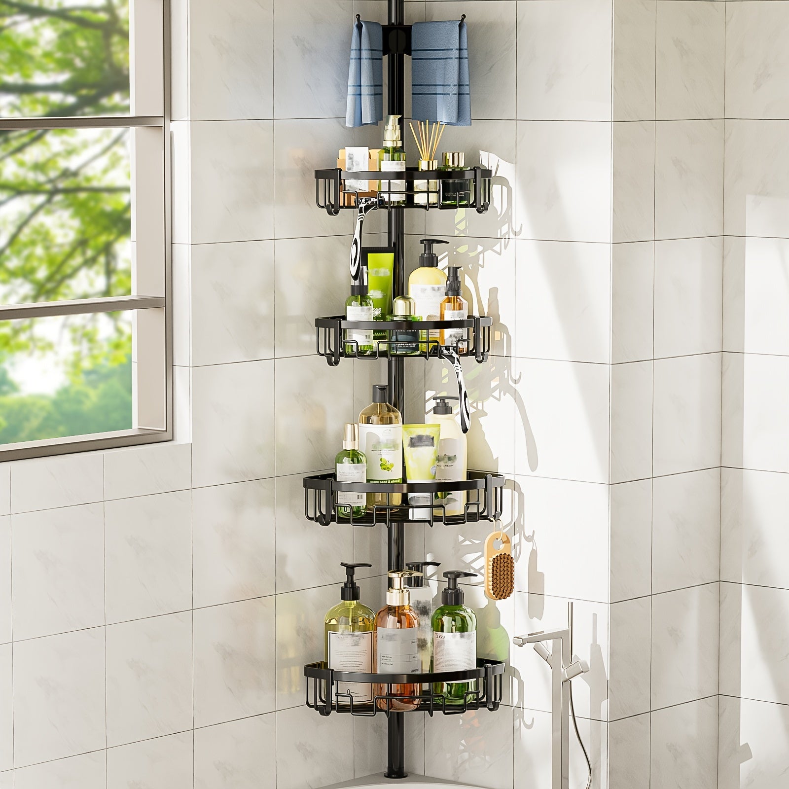 4-Tier Adjustable Corner Shower Caddy with Rust-Resistant Stainless Steel Pole &amp; Tension Control - Heavy-Duty Black Bathroom Organizer with Multi-Tier Shelves, Space-Saving Vertical Storage for Shower, Bathtub, or Sink Area -