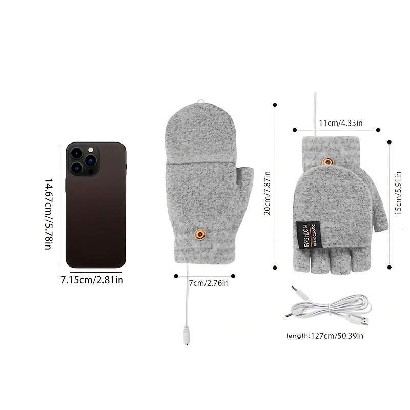 USB Interface Electronic Warmer, Male And Female Universal USB Heating Gloves Knitted Semi Heated Fingerless+Flip Heating Heater with Button Washable Design Gloves for Winter Hand Warmth Laptop Gloves, Without Battery