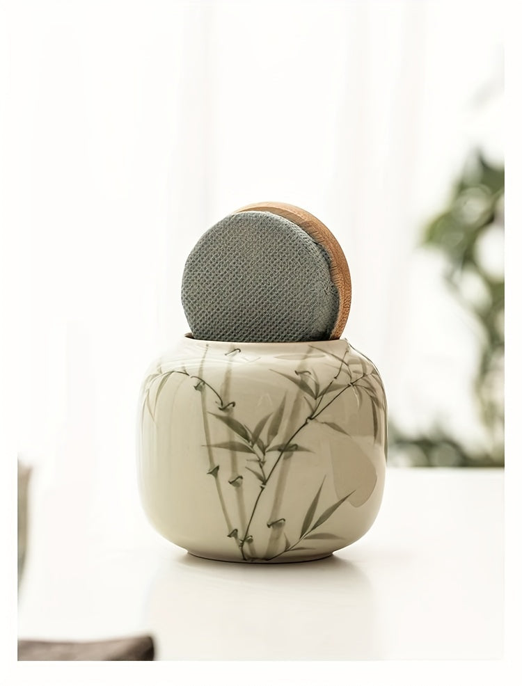 [High-Grade Pu'Er Green Tea Jar] Emerald Green Asparagus Fern Tea Jar Sealed Jar Ceramic Tea Container Moisture-Proof Chinese High-Grade Pu'Er Green Tea Warehouse