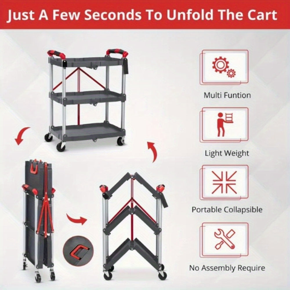 Heavy-Duty 3-Tier Folding Wheeled Cart with 56 lbs Load Capacity per Shelf - Portable Metal Service Cart with 4-Wheel Mobility, Sturdy Frame &amp; Red Accents