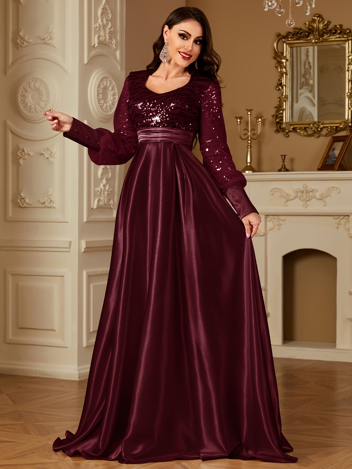 XUIBOL Women's Elegant Long Sleeve Satin Evening Gown - Waist-Cinching Slim Fit A-Line Dress with Sparkling Pearl & Sequin Embellishments, Round Neck Floor-Length Formal Party Dress for Weddings & Galas - Daisan Mart