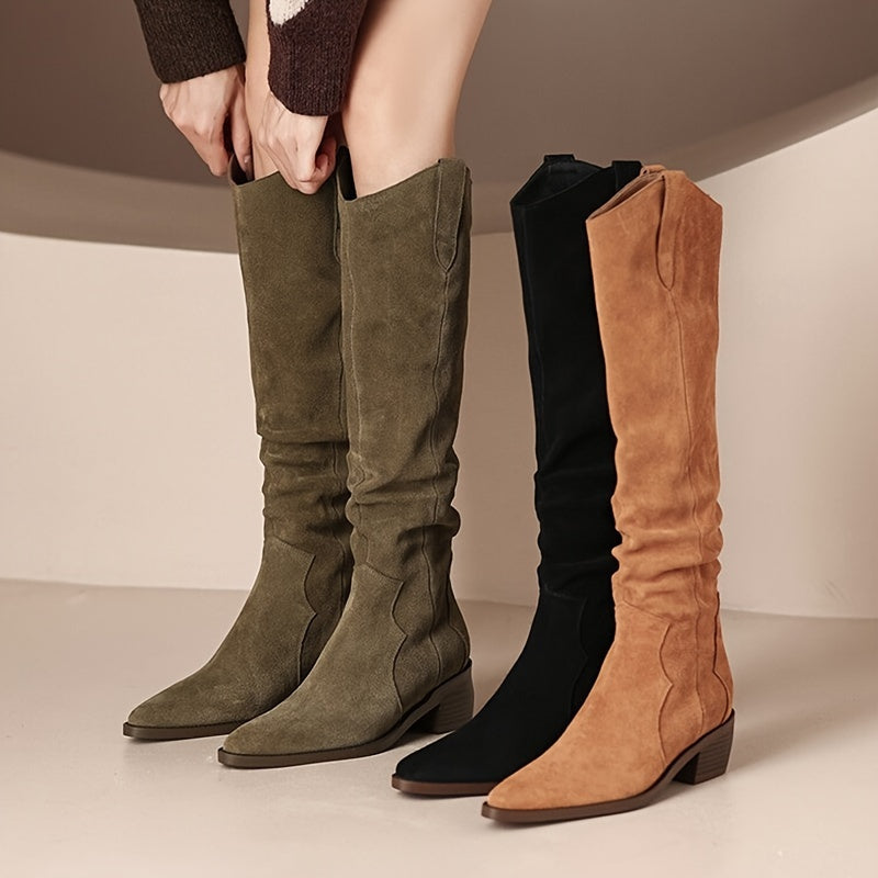 [Vintage Western Cowboy Boots] Ylxhoa Women's Vintage Western Cowboy Boots - Knee-High Pull-On Boots with Chunky Heels, Slip-Resistant PU Outsole, Pointed Toe, Durable Construction - Western Booties for Country Western Events - Daisan Mart