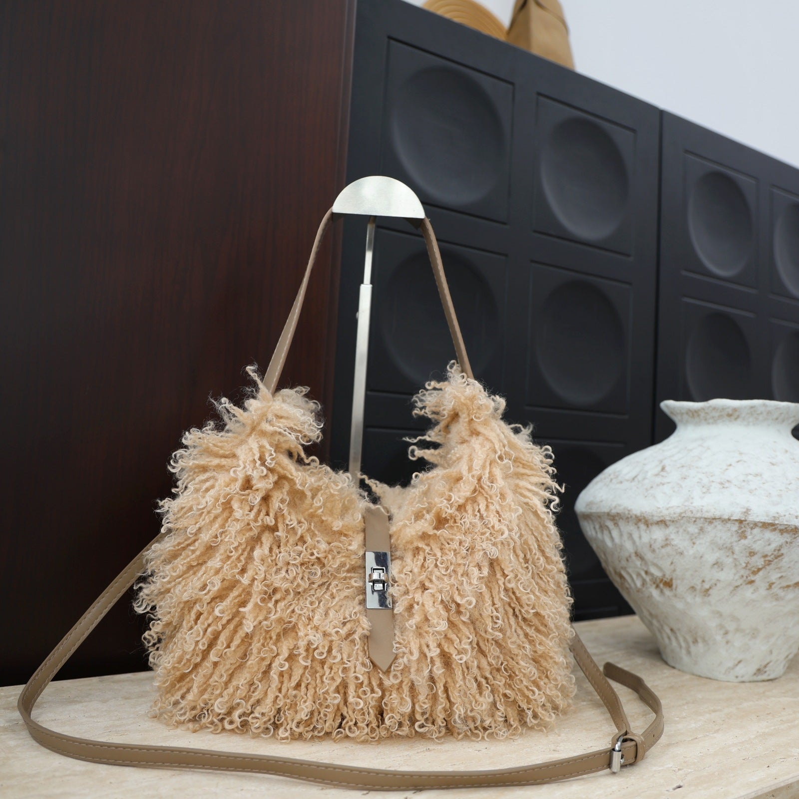 Women's Faux Wool Handbag - Soft &amp; Elegant Crossbody Bag