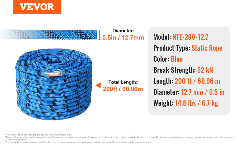 VEVOR 12.7mm Static Climbing Rope - 30KN Durable and Safe
