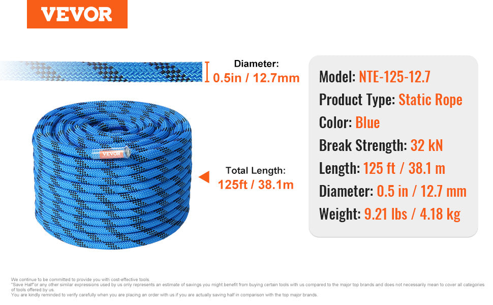 VEVOR 12.7mm Static Climbing Rope - 30KN Durable and Safe