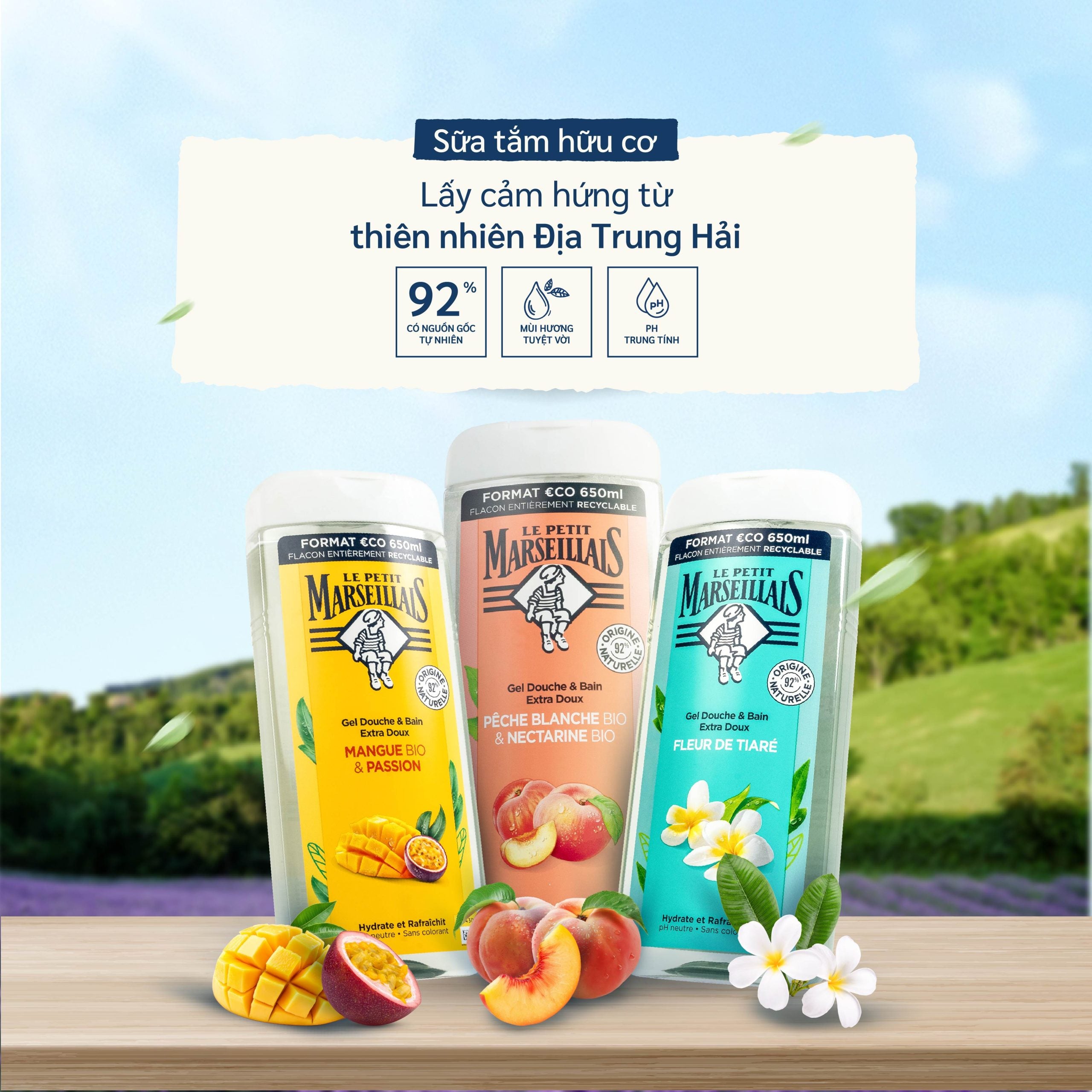 Sữa Tắm Hữu Cơ Le Petit Marseillais Gel 92% Thiên Nhiên 650ml
