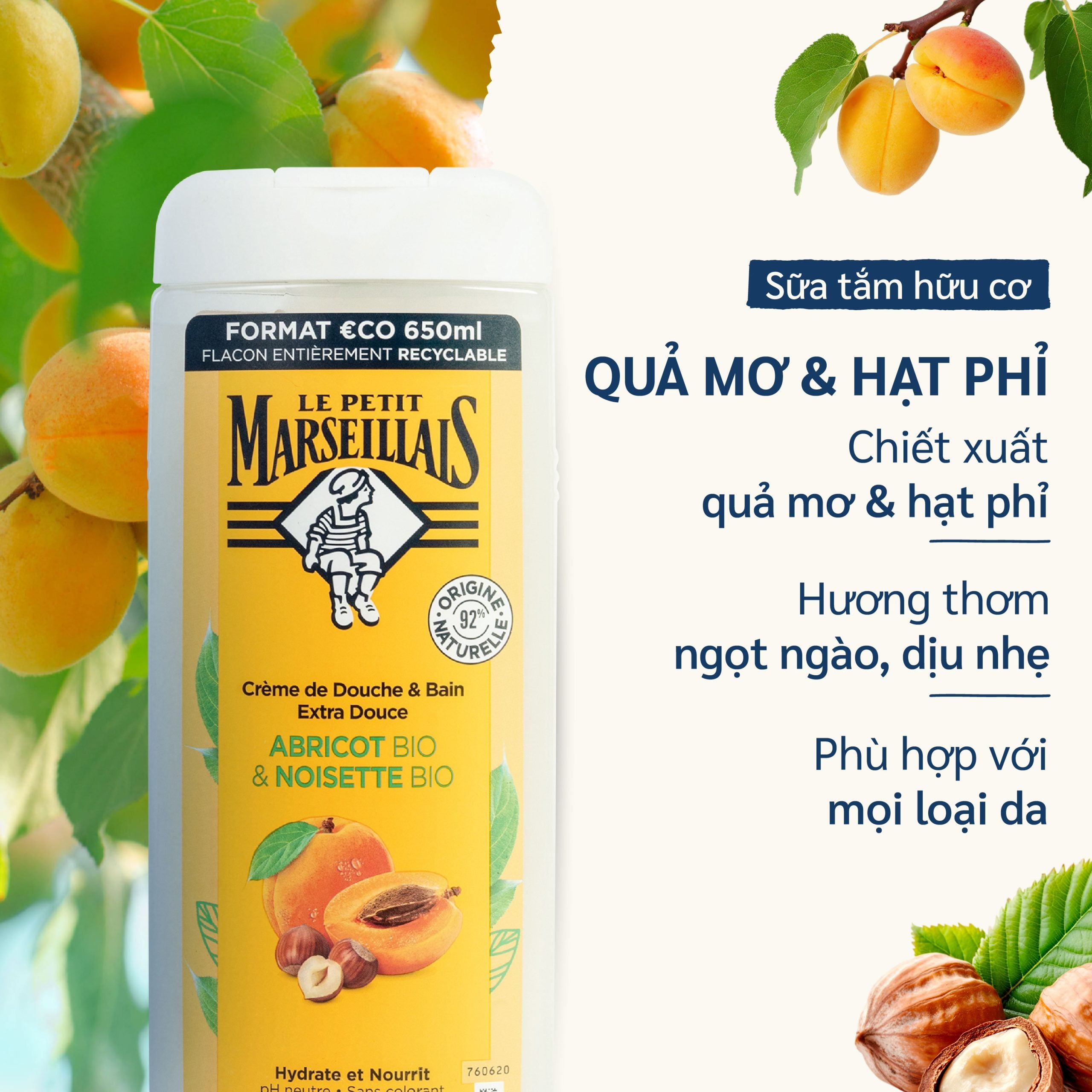 Sữa Tắm Hữu Cơ Le Petit Marseillais Gel 92% Thiên Nhiên 650ml