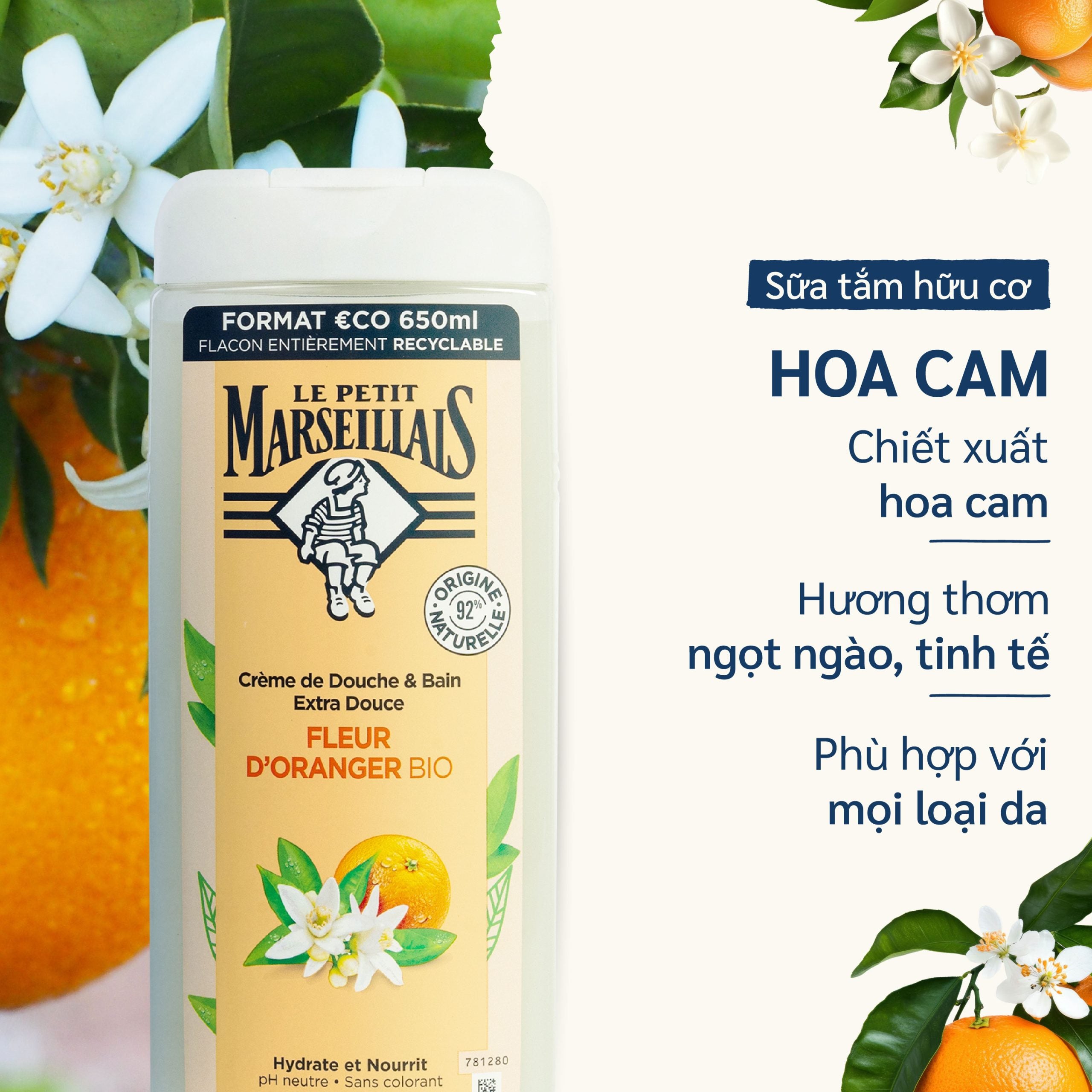 Sữa Tắm Hữu Cơ Le Petit Marseillais Gel 92% Thiên Nhiên 650ml