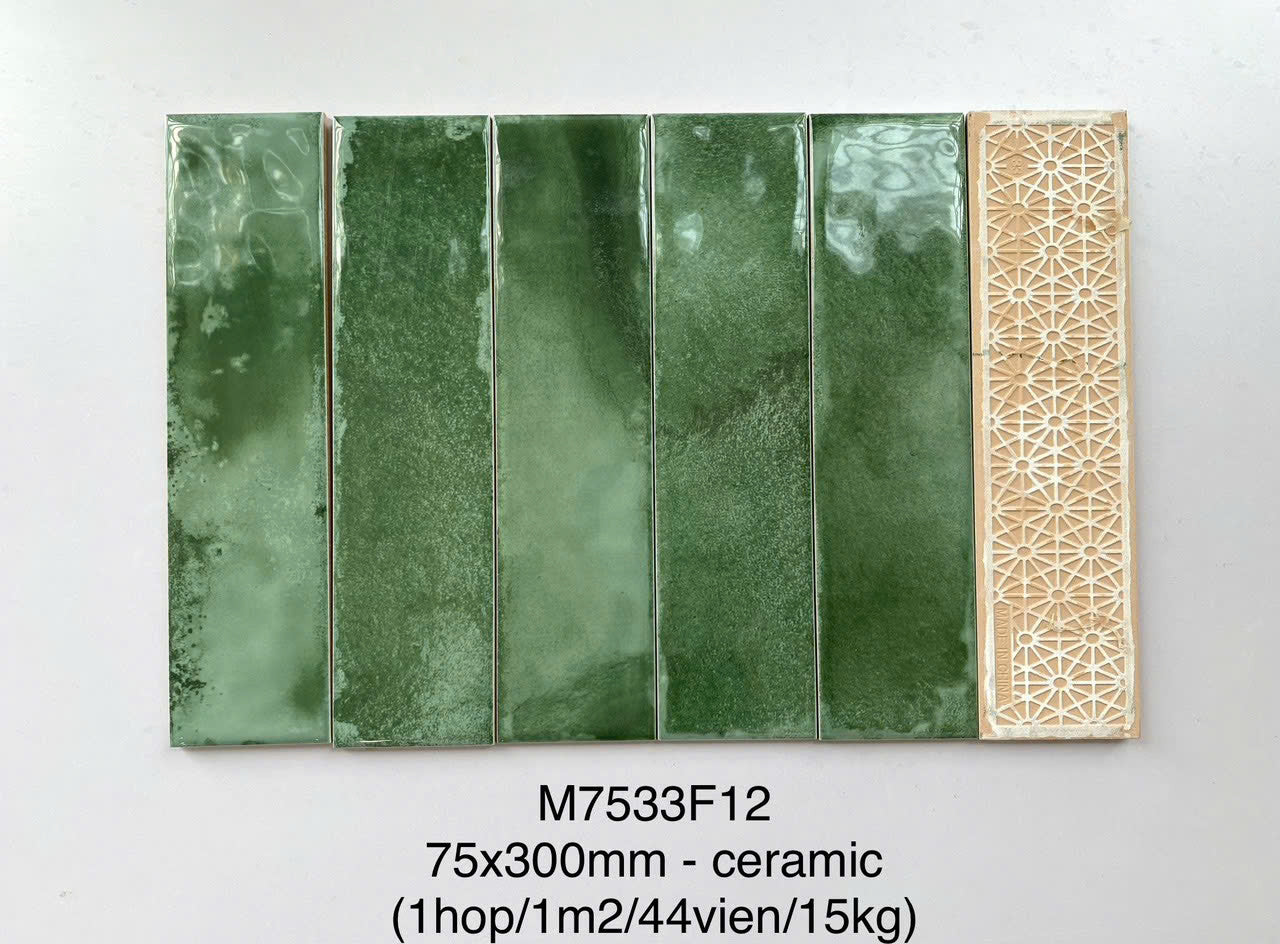Chinese tile, Banana green with glossy ripples, size 75x300 mm, 7533F12 (1 box/ 44 tiles/ 0.99m2)